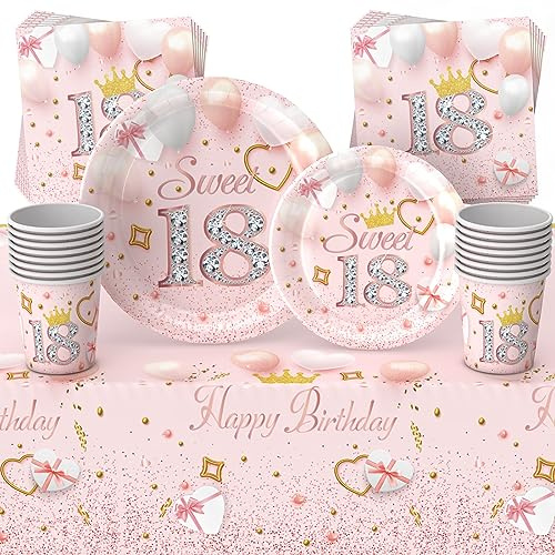 69pcs Pink Happy 18th Birthday Party Tableware Decorations for Girls - Disposable Set With Tablecloth, 7inch Paper Plates, Napkins, Cups