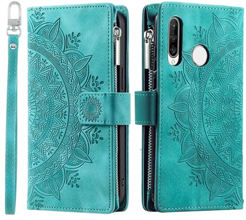 VEEMOS Handyhülle für Huawei P30 Lite hülle Klappbar Blumen Handytasche Schutzhülle Klapphülle mit Kartenfach Handy Tasche Book Cover Flip Case Ständer - Grün