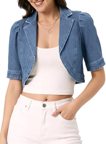 Allegra K Cropped Denim Jacket for Women Casual Short Puff Sleeve Lapel Open Front Jean Jackets Summer Outwear Medium Blue