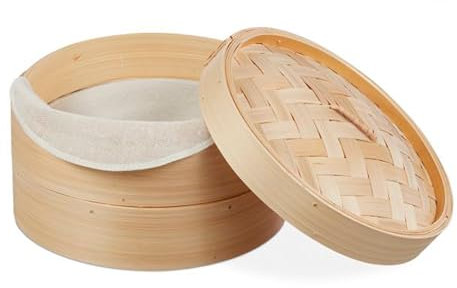 Solty - Vaporera de Bambú 26 cm, 2 Niveles, Cesta Cocción Saludable al vapor, Ideal para Dim Sum, Arroz, Verduras, Comida Asiática, Ecológica y Reutilizable