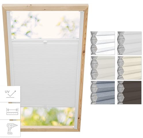 Estika Wabenplissee mit Bohren für Velux Fenster - SK08 - Stoff: Grauweiß, Profil: Weiß - Dachfenster plissee, Fensterrollo innen, Fenster plissee, Dachfenster Rollo