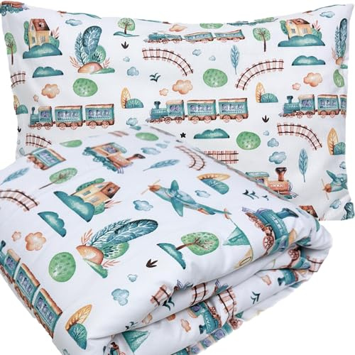 Kinderbettwäsche 100x135/40x60 cm, 2 Bezüge, Lokomotive, ohne Füllung | Stoffe mit OEKO-TEX Zertifizierung, Decke und Kissen separat erhältlich, handgemessen ±2–3 cm, genäht in der EU