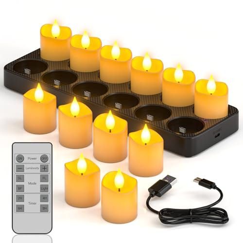 PChero Rechargeable Candles with Remote, 12 Pack LED Flameless Tea Lights Battery Operated Tealight Candles Flickering with Charging Base for Halloween Christmas New Years Eve Party Decorations