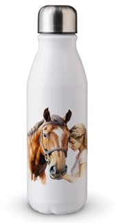 MAXIKIWI - Single Wall Water Drinking Bottle with Screw Cap, Non Insulated Lightweight Aluminium, BPA Free, Leak-Proof - White Girl Petting Horse watercolor - 500ml