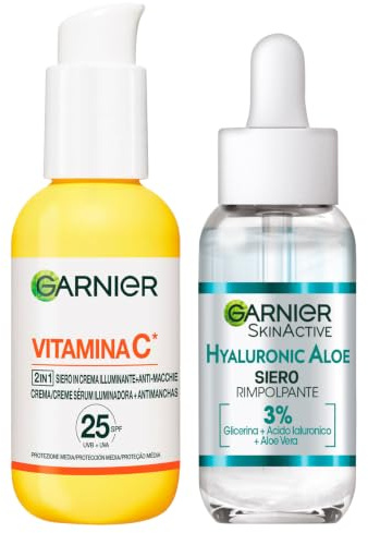 Garnier SkinActive 2-in-1 Gesichtsserum / Aufhellendes Gesichtsserum gegen Flecken, LSF 25 mit Vitamin C und Zitrusfrüchten 50 ml + Aloe Hyaluron Filling Serum mit Glycerin, Hyaluronsäure und Aloe