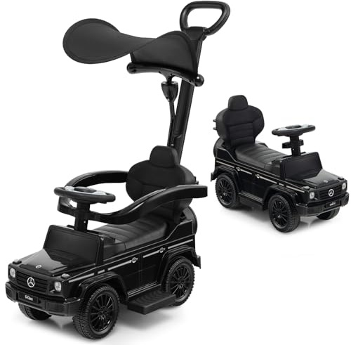 DREAMADE Porteur Bebe 12-36 Mois sous Licence Mercedes Benz, Voiture Poussée avec Poignée de Poussée, Auvent Ajustable, Repose-Pieds Extensible, Klaxon, Son de Démarrage, Rangement (Noir)