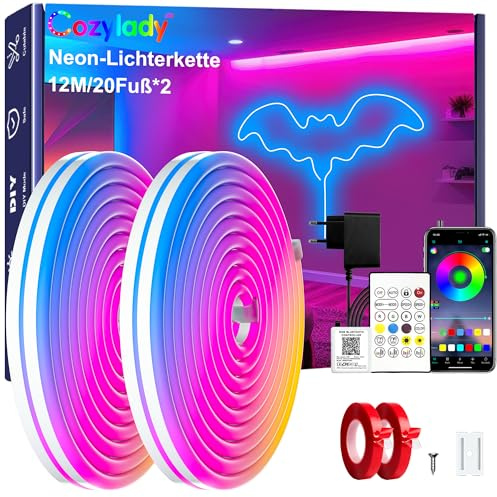 Cozylady RGB Neon Led strip Light, mit Fernbedienung, APP Steuerung, wasserdichte flexible Rgb Streifen, 24V LED Neon band für Schlafzimmer, Heiminnenausstattung Dekoration (12M/40Fuß)