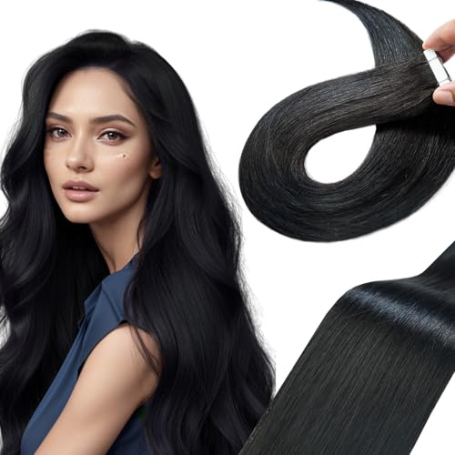 Qingliang Tape Extensions Echthaar Remy Echthaar Extensions Tapes Invisible Echthaar Tape in Extensions Schwarz Menschliches Haar Seamless Haarverlängerung Echthaar Tape 20pcs 50g Tief schwarz 40 cm