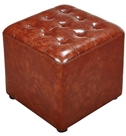 Quadratischer Leder-Pouf, Polsterhocker, Ottomane, Fußhocker, Massivholz, Wohnzimmer, Couchtisch, Bank, Braun, 40 x 40 x 35 cm
