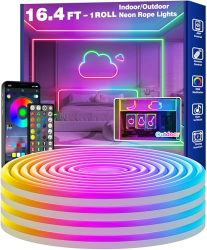 RCUICA 16.4FT LED Neon Rope Lights Waterproof with Smart App Control Remote,DIY Scene Modes,Music Sync hronization,Eaves Lights for Garden Decor,Deck,Christmas