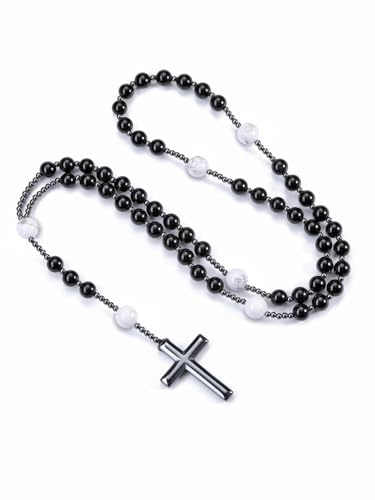 Jovivi Collar católico - Collar de ojo de tigre y obsidiana con hematita y cruz - Cadena de oración de piedra preciosa - Joyería para hombre y mujer, 19.5 cm, Gema