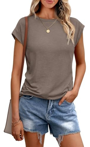 Cuptacc T-Shirt Women's Tops Summer Crew Neck Tops Women's Elegant Basic Blouse Short Sleeve Tank Top Women's Business Outfit Women, CoffeeGrey, S
