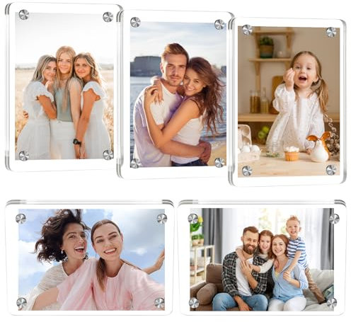 Dewocke 5 Pack Acrylic Fridge Magnetic Frames, Magnet Picture Frame Fridge, Fridge Photo Frames, Clear Magnet Photo Frames, Magnetic Double Sided Photo Frame for Refrigerator Desktop Display, 9 * 6CM