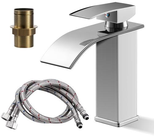 Rubinetto Bagno Lavabo Acciaio Inossidabile Miscelatore Monocomando per Lavabo Design Antispruzzo e Risparmio Idrico Rubinetto per Lavandino Bagno-Doppia Uscita Acqua Calda/Fredda Argento