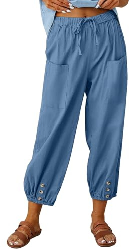 Joligiao Pantalones Mujer Verano Lino Algodón Pantalones de Lino Mujer con Bolsillos Cordón Elástico Ajustable Pierna Ancha Diseño Bohemio Frescos Ligeros Pantalón Verano para Playa y Ocasiones