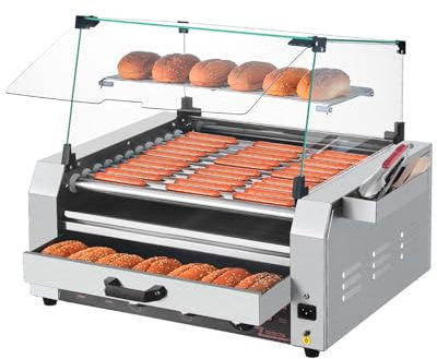 VEVOR Rouleau à hot-dogs, 11 rouleaux, 30 hot-dogs, machine à griller les saucisses en acier inox, avec chauffe-petits pains, couvercle, boîte de rangement latérale, bac à huile, pour maison, commerce