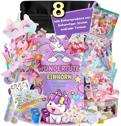 Einhorn Wundertüte für Kinder – 8-teilig Surprise Bag Unicorn | Mit Einhornfigur, Accessoires, Stickern, Tattoos - Geburtstag, Weihnachten, Schulanfang, Schultüte Füllung Überraschungstüte
