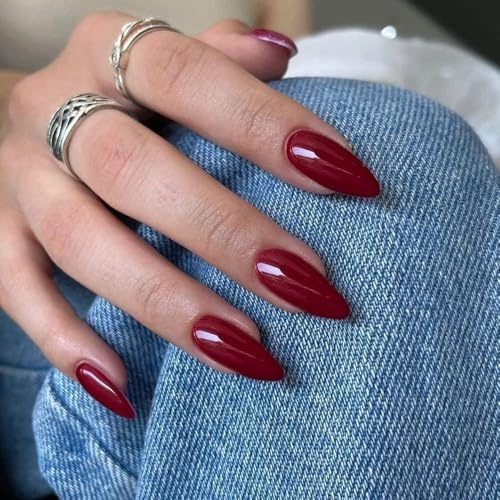 KQueenest Soft Gel Press on Nails Almond Medium, Red False Nails Almond, Glossy Solid Wine Red Fake Nails Set, Stiletto Reusable Stick on Nail for Women Finger Daily Wear 24 Pcs