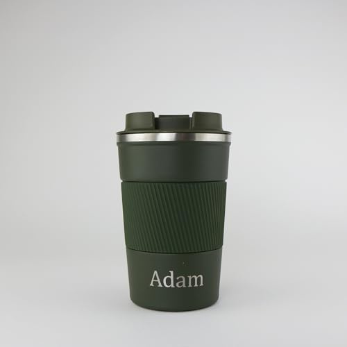 cribstar Personalised Engraved Insulated Travel Mug | Stainless Steel Tumbler | Double-Walled Tea/Coffee Cup | Leak-Proof & Reusable | Keeps Hot 12h / Cold 24h | Thermal Mug (Khaki, 380ml)