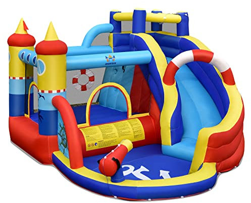 FANTASK 6 in1 Aufblasbare Hüpfburg Outdoor mit Gebläse, 360 x 290 x 200 cm Kinder Wasserpark mit Rutsche, Planschbecken & Wasserkanone, Bouncer Hüpfschloss Springburg