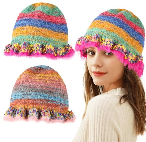 2 Stück Häkelmützen, modische Alpaka-Wollmützen für Damen, faltbar, bunte Strickmützen für Winter und Reisen, bunt, Einheitsgröße