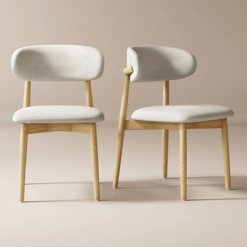 Modern Solid Wood Dining Chairs Set of 2 with Curved Back, Ergonomic Upholstered Seat, Natural Wood Legs with Adjustable Anti-Slip Foot Pad, for Kitchens, Living Rooms, Offices (S-Oak, Set of 2)