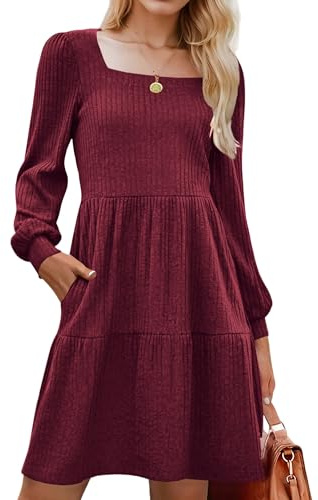 Zeagoo Abito da donna a maniche lunghe, abito autunnale, linea A, maniche a sbuffo, elegante, lavorato a maglia, lunghezza al ginocchio, con tasche, per autunno e inverno, S-XXL, rosso vivo, M
