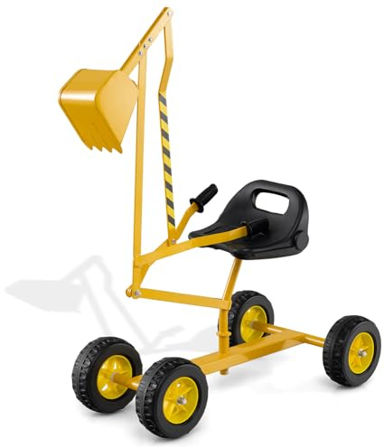 DREAMADE Pelleteuse pour Enfants, Jouet de Bac à Sable en Métal avec Siège Rotatif à 360°, Pelle Flexible, Grue Excavatrice d'Extérieur pour pour Terre, Neige, Plage (Jaune,avec Roues)