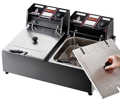 MJMLUCK Friggitrice elettrica Commerciale da banco con 2 cestelli e coperchi per Cucina Domestica e Ristorante, Doppia Vasca in Acciaio Inox Spesso 10L + 10L 2500W
