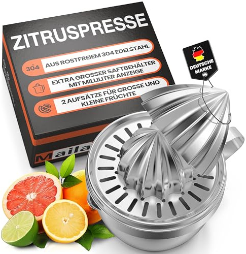 Maila Zitronenpresse Edelstahl 304 - (2 Pressköpfe) XXL Handpresse für Zitronen und Limetten - Saftpresse manuell, Zitruspresse ergonomischer Griff, Intergriete ML-Skala