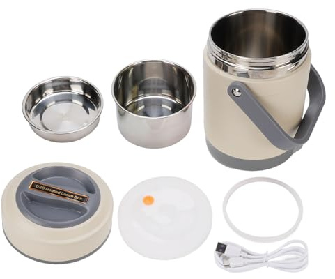 Fyearfly Lonchera eléctrica portátil de 1,6 L, IPX5 impermeable, acero inoxidable, calentador de alimentos para dormitorio, oficina, viajes, color beige