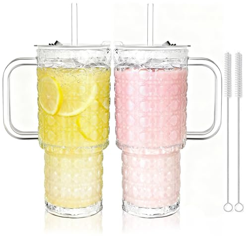 2 Pack Leakproof Glass Tumbler with Handle, 500ml Glass Tumbler with Straw and Lid, Gemstone Texture with Pipette Brush, Iced Coffee Glasses for Iced Latte, Matcha, Cold Drinks