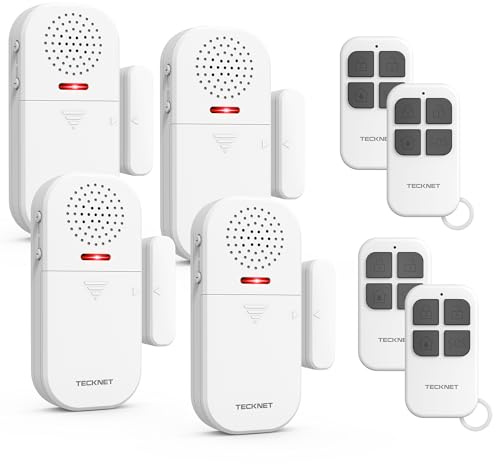 TECKNET Door Sensor Alarm with Remote Control, Door Alarms When Opened, 4 Modes & 5-Level Volume, Window Alarms for Home Security with Sirens, Burglar Alarm for Home, Shop, Office, Garage (4 PCS)