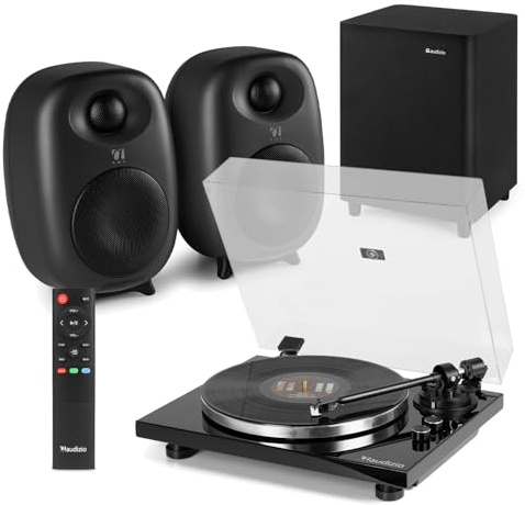 Audizio Toledo Premium Vinyl Record Player Hi-Fi Speaker System with Bluetooth Output, Active Bookshelf Speakers, Subwoofer, and Cables – Full Range Audio and TV Compatible Optical Input