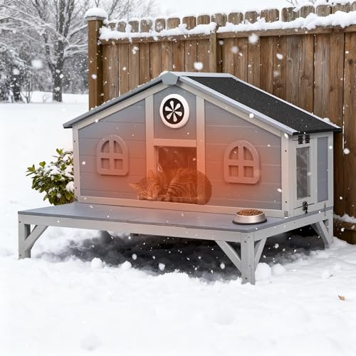 COZIWOW Insulated Cat House Outdoor, Outside Wooden Warm Feral Cat Shelter Large for Winter with Insulating Liner (Grey)
