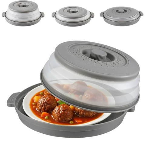 Carreuty Microwave Cover for Food, 2 in 1 Collapsible Microwave Plate Cover with Tray Handle Microwave Splatter Cover Vented Avoid Microwav Lid Cover for Kitchen Essential Gadgets, 10.7 Inch (Gray)