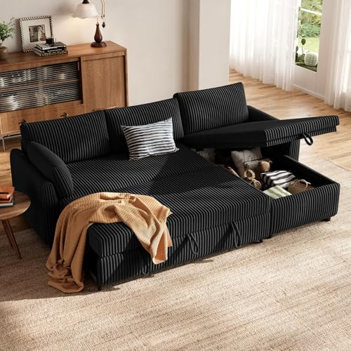 HOMRELEXA Ecksofa mit Schlaffunktion, Cord-Bezug Schlafcouch in L-Form, Schlafsofa Ausziehbar, Ausziehbares Sofa mit Stauraum, Umkehrbare Chaiselongue (Links & rechts), Ideal fürs Wohnzimmer, Schwarz