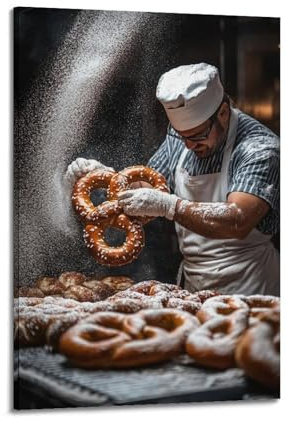 XYSXYCP Stampa artistica da parete con animali, tasso, panettieri, pasticceri a strisce ricoperti di farina mentre tirano pretzel giganti della famiglia moderna, decorazione per soggiorno, 40 x 60 cm