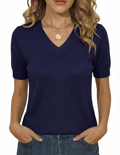 Totatuit Top Femme Manches Courtes Col V Pull Tricoté Mode Coupe Ajustée