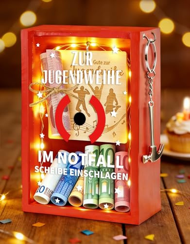 Kreative Jugendweihe Geschenke Junge Mädchen, Verpackung Geldgeschenk Jugendweihe - Holz Notfallbox mit Hammer, Lichterketten & Holzkarte, Deko & Geschenk Jugendweihe Junge Mädchen