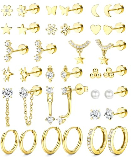 Chriscoco 18 par örhängen dam rostfritt stål piercing öra 14K guldpläterad hypoallergena örhängen öronproppar creole silver piercing helix tragus conch smycken, Rostfritt stål