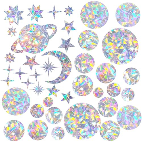 DOPENSPI 45 Stück Prisma Fensteraufkleber, Runde Sterne Mondmuster Suncatcher Sticker Regenbogen Folie Fenster Vogelschutz Fensterfolie Sonnenfänger Fenster