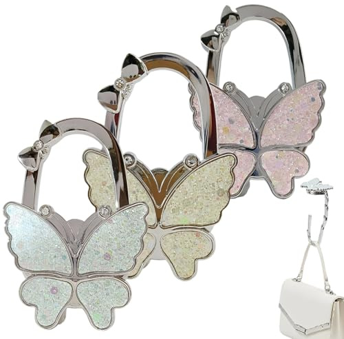 JIRVEX 3 Stück Taschenhalter für Tisch faltbar Handtaschenhalter Tischhaken Antirutsch Taschenhaken mit Schmetterling Design für Restaurant Büro Café
