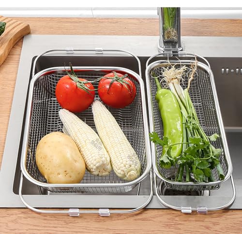 Sieb Küche ausziehbar (33-48 cm, 37-54cm), Edelstahl Küche Siebkorb über Spüle Abtropfsieb Sieb Spülbecken Küchensieb Waschbecken Filterablage für Waschen Von Lebensmitteln, Gemüse, Fruit - 2 Stück