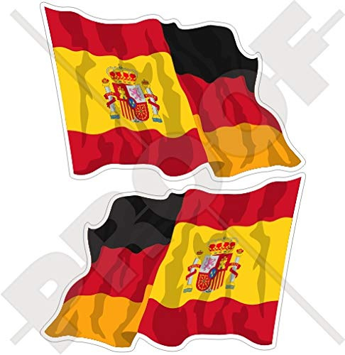 SPANIEN-DEUTSCHLAND Spanisch-Deutsch Wehende Flagge, 120mm Auto & Motorrad Aufkleber, x2 Vinyl Stickers (Links - Rechts)
