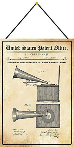 generisch Blechschild 20x30cm gewölbt mit Kordel Patent Grammophon Aufsatz Spieluhren 1904 Deko Geschenk Schild