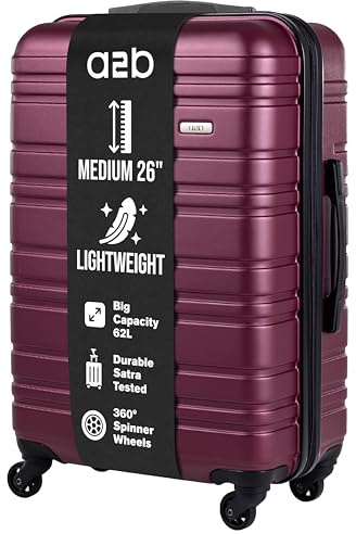 A2B 26 Medium Lightweight Hard Shell Suitcase - Plum Coloured Luggage with 4 Spinner Wheels, Durable ABS Travel Cases for Holiday, Stress Tested Zippers (Plum, Medium)