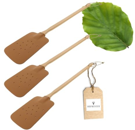 3X HOFMEISTER® Fliegenklatsche, Buchenholz & Leder, 47,5 cm, aus Europa, praktischer Mücken-Schläger gegen Insekten, Klatsche mit Lederband zum Aufhängen, Fliegenpatsche & Insektenvernichter