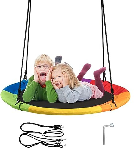 DREAMADE Nestschaukel mit Aufhängungsset, Tellerschaukel, Gliedermatten-Schaukel, bis 150 kg belastbare Schaukel für Kinder & Erwachsene, Runde Gartenschaukel, Höhenverstellbare Schaukel (Bunt)