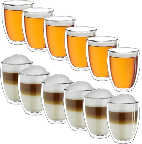 Creano Thermogläser doppelwandig 400ml „DG-Hoch“, 12er Set, große doppelwandige Gläser aus Borosilikatglas, Kaffeegläser, Teegläser, Latte Macchiato Gläser